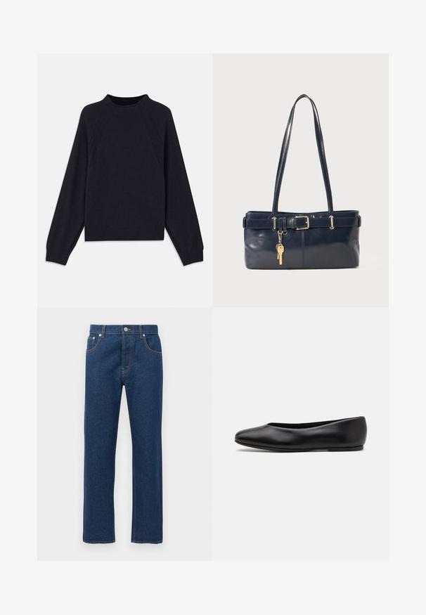 Temno modra majica s krožnim izrezom, dolgimi raglan rokavi, rebrastimi manšetami in ravnim robom. Narejena iz mehke, teksturirane pletene tkanine.; Ravne hlače iz temno modrega jeansa z žepi spredaj in zadaj, z zankami za pas, gumbom za zapiranje in vidno oranžnim šivom.; Paul Smith TOPANGA - Balerinke - black; Mornarska usnjena torbica z dvema dolgima ročajema, dodatkom z zaponko in pritrjeno ključavnico. Ima gladko teksturo in pravokotno obliko.