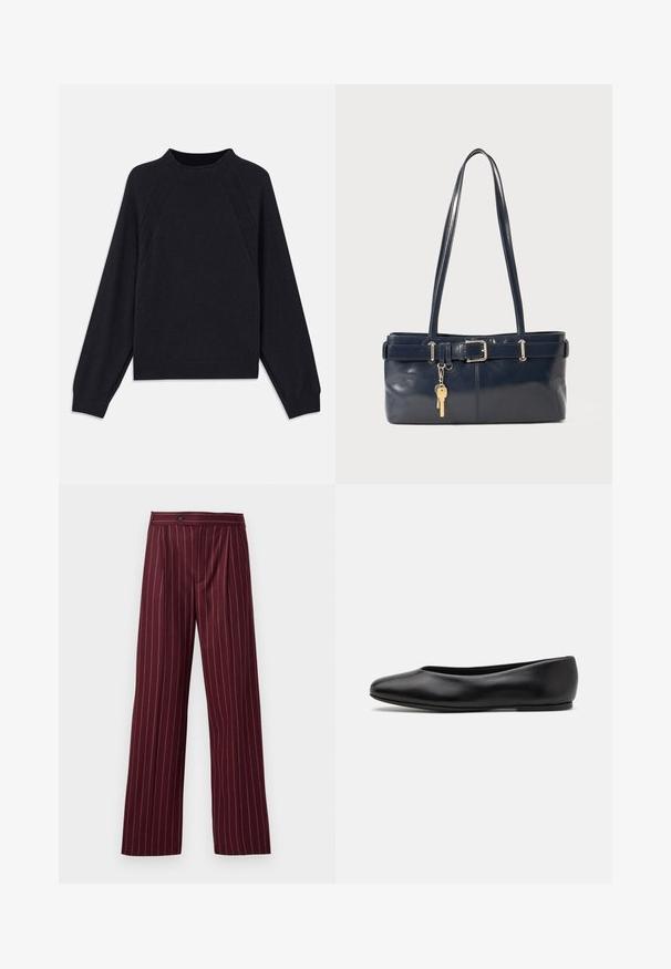 Pull en marine foncé avec un col rond, des manches raglan longues, des poignets côtelés et un ourlet droit. Fabriqué en un matériau tricoté doux et texturé.; Pantalons larges bordeaux avec un motif à rayures, devant plissé et fermeture à bouton, fabriqués à partir d'un tissu doux au design structuré.; Paul Smith TOPANGA - Ballerines - black; Sac à main en cuir bleu marine avec deux longues poignées, un détail de boucle et un porte-clés accroché. Il présente une texture lisse et une forme rectangulaire.