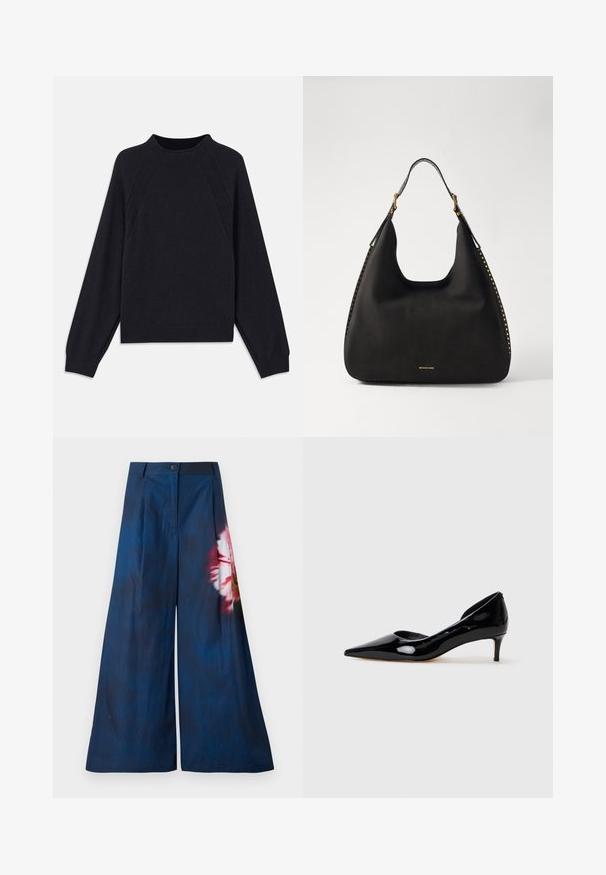 Tume meresinine sviiter ümmarguse kaelusega, pikkade raglanist varrukatega, soonikkoes mansettidega ja sirge äärega. Valmistatud pehmest, tekstuuriga kudumist.; Laia püksid tumedast mereväe värvi kangast, millel on ühel küljel roosa ja kollane lillemuster, ning nööpkinnitus vööl.; Must musta nahk kingad naistele, terava ninaga ja madala kontsaga, kujutatud külgvaates halli tausta ees.; MICHAEL Michael Kors NOLITA HOBO  - Käekott - black