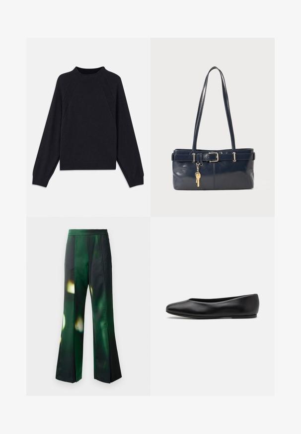Dark navy sweater with a round neckline, long raglan sleeves, ribbed cuffs, and a straight hem. Made from a soft, textured knit material.; Flared pants in a green and black satin fabric featuring an abstract pattern, with a smooth texture and structured waistband.; Paul Smith TOPANGA - Ballet pumps - black; Navy leather handbag with two long handles, a buckle detail, and a keychain attached. Features a smooth texture and a rectangular shape.
