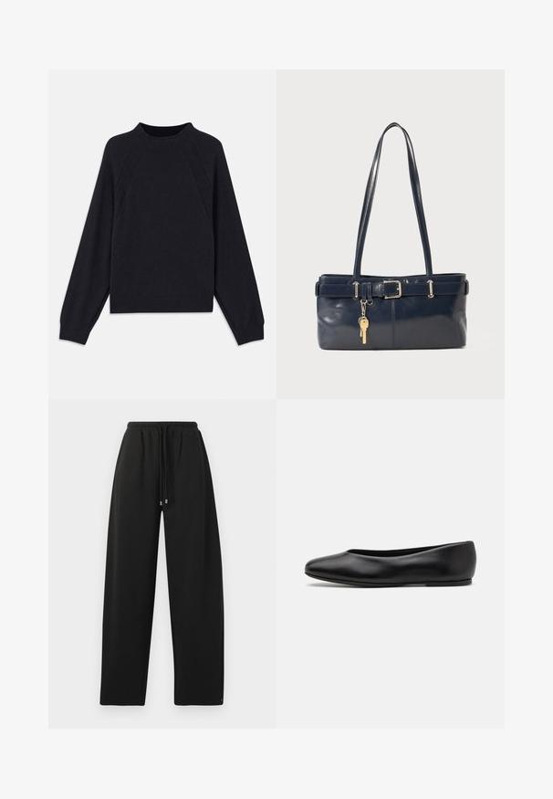 Sweater azul marinho escuro com decote redondo, mangas raglan longas, punhos canelados e barra reta. Feito de um material de malha macia e texturizada.; Calças de treino pretas com um corte relaxado, cintura elástica, fecho de cordão e costuras laterais. Feitas de um tecido suave e liso.; Paul Smith TOPANGA - Sabrinas - black; Bolsa de couro azul-marinho com duas alças longas, um detalhe de fivela e um porta-chaves anexado. Apresenta uma textura suave e uma forma retangular.