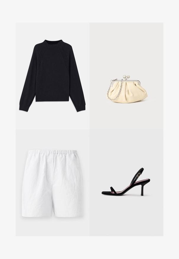Sötét tengerészkék pulóver kerek nyakkivágással, hosszú raglán ujjal, bordázott mandzsettával és egyenes szegéllyel. Puha, texturált kötött anyagból készült.; Fehér, rugalmas derékú rövidnadrág, texturált anyagból, laza szabással. Egyszerű stilus, minta vagy díszítés nélkül.; Fekete velúr női magassarkú szandál slim pántokkal és arany csattal, fehér háttér előtt, oldalnézetben.; Pleátolt bézs bőr válltáska ezüst fém kerettel, két kerek díszcsattal és ezüst lánc pánttal.
