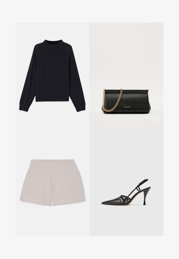 Pull en marine foncé avec un col rond, des manches raglan longues, des poignets côtelés et un ourlet droit. Fabriqué en un matériau tricoté doux et texturé.; Shorts en coton beige à taille élastique avec une finition texturée, présentant une coupe droite et sans poches ni détails visibles.; Chaussure à talon aiguille noire en cuir, avec bout pointu, design de brides entrecroisées et talon aiguille fin. Texture lisse et accents minimaux.; Sac à main en cuir noir avec une bandoulière en chaîne dorée, présentant une texture lisse, une forme rectangulaire et une marque embossée à l'avant.