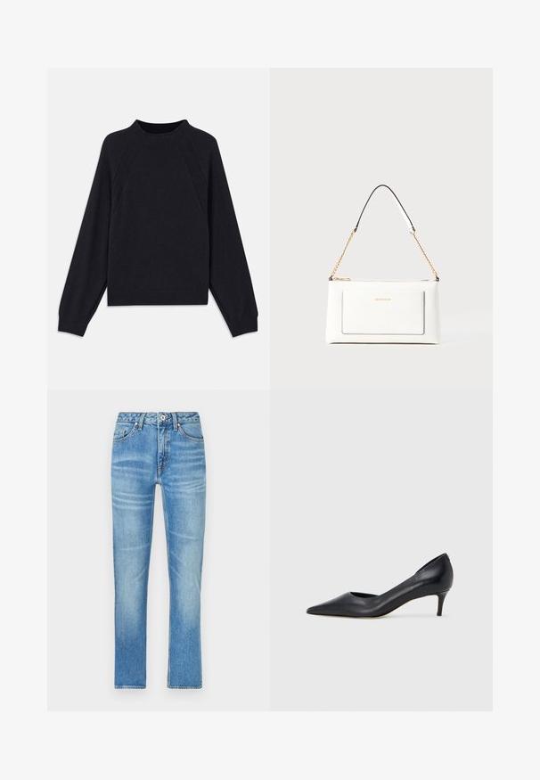 Mørk marinblå genser med rund hals, lange raglanermer, ribbestrikkede mansjetter og rett fald. Laget av et mykt, teksturert strikkemateriale.; Lyseblå denimjeans med rett ben, med frontlommer, knappelukking og subtil fading over stoffet.; Sort lærpumps med spiss tupp og lav hæl. Har en jevn tekstur og subtil glans. Åpen utskjæring foran for ekstra detalj.; Hvit lærveske med teksturert overflate, utstyrt med gullkjede for å bære over skulderen og svarte detaljer. Inkluderer en frontlomme og glidelås.