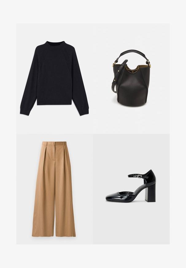 Dark navy sweater with a round neckline, long raglan sleeves, ribbed cuffs, and a straight hem. Made from a soft, textured knit material.; Wide-leg trousers in a tan fabric with vertical white stripes. Features pleats at the waist and a smooth texture.; Black patent leather high-heeled shoes with a square toe, ankle strap, and a chunky heel. Includes perforated detailing along the rim.; Black leather bucket bag with a textured finish, gold hardware accents, and an open top. Features a short handle and adjustable shoulder strap.
