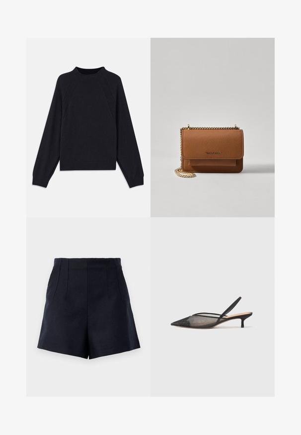 Donkerblauwe trui met een ronde halslijn, lange raglanmouwen, geribbelde manchetten en een rechte zoom. Gemaakt van een zachte, gestructureerde breimateriaal.; Marineblauwe shorts met een gestructureerd ontwerp, voorzien van twee voorplooien, een soepele textuur en een rechte snit tot boven de dijen.; NEOUS IRENA - Klassieke pumps - black; Bruine lederen schoudertas met textuur, voorzien van een gouden kettingstrap en klepsluiting. De voorkant heeft een logo-detail en een zak onder de klep.