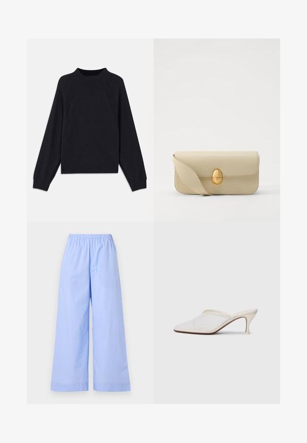 Tume meresinine sviiter ümmarguse kaelusega, pikkade raglanist varrukatega, soonikkoes mansettidega ja sirge äärega. Valmistatud pehmest, tekstuuriga kudumist.; By Malene Birger MIRABELLO - Püksid - blue iris; Valge võrkmaterjalist teravatoa mulli king, millel on peen keskmise kõrgusega konts ja libisev disain, tühjal taustal.; Beež nahast käekott, millel on sile tekstuur, ristküliku kujuline ja kuldne ovaalne lukustus. Omab pikka, reguleeritavat rihma.