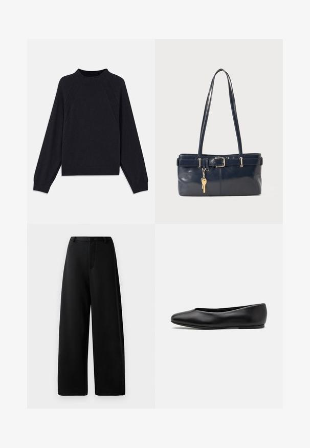 Mørkeblå sweater med rund halsudskæring, lange raglanærmer, ribbede manchetter og lige nederkant. Fremstillet af et blødt, tekstureret strikmateriale.; Sorte bredbenede bukser lavet af glat stof, med flad front, bæltestropper og lynlås; ingen synlige lommer eller hardware detaljer.; Paul Smith TOPANGA - Ballerinasko - black; Mørkeblå læderhåndtaske med to lange håndtag, en spænde detaljer og en nøglering vedhæftet. Den har en glat tekstur og en rektangulær form.