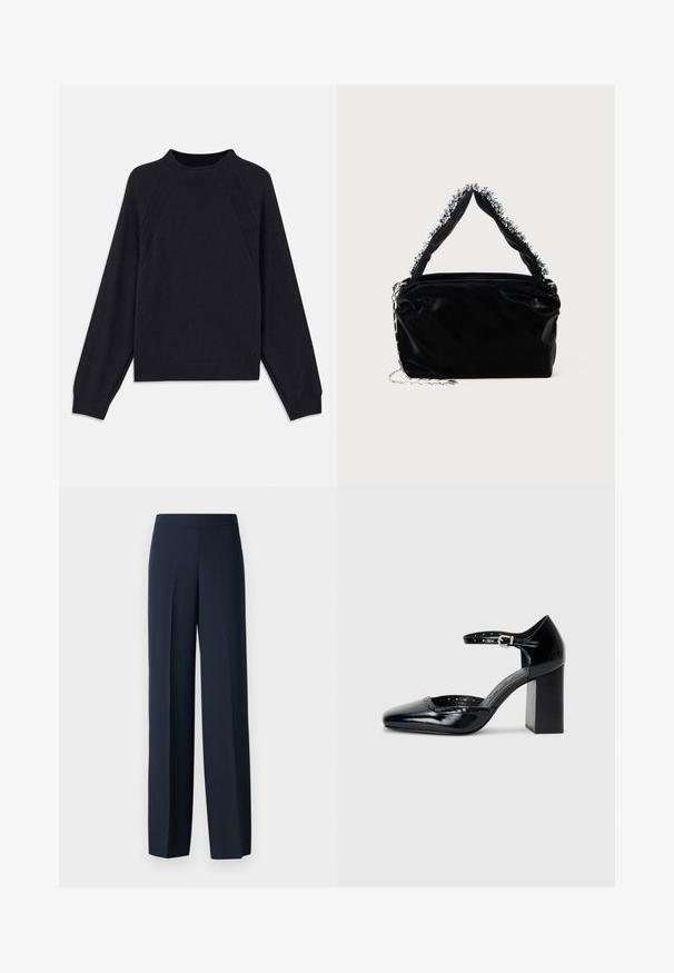 Mørk marinblå genser med rund hals, lange raglanermer, ribbestrikkede mansjetter og rett fald. Laget av et mykt, teksturert strikkemateriale.; Marineblå vidbukse med en jevn tekstur, flat midjebånd og ingen synlige lukkingdetaljer. Tilpasset for en behagelig passform.; Sorte lakk lær høye hæler med firkantet tå, ankelrem og chunky hæl. Inkluderer perforerte detaljer langs kanten.; Svart veske i faux lær med tekstur, med en perlet sølvdetalj langs det øverste håndtaket og en kjede-rem.