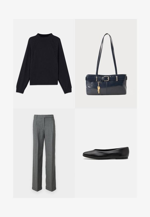 Pull en marine foncé avec un col rond, des manches raglan longues, des poignets côtelés et un ourlet droit. Fabriqué en un matériau tricoté doux et texturé.; Pantalons gris à rayures avec accents bleus, présentant une coupe droite, des passants de ceinture et un ourlet replié. Fabriqués dans un tissu texturé.; Paul Smith TOPANGA - Ballerines - black; Sac à main en cuir bleu marine avec deux longues poignées, un détail de boucle et un porte-clés accroché. Il présente une texture lisse et une forme rectangulaire.