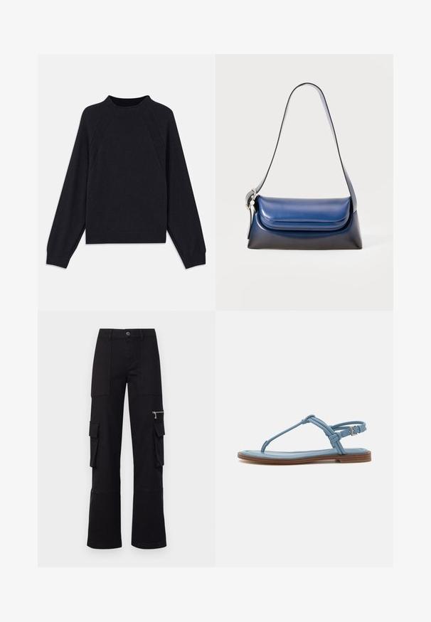 Mørk marinblå genser med rund hals, lange raglanermer, ribbestrikkede mansjetter og rett fald. Laget av et mykt, teksturert strikkemateriale.; MAX&Co. REGIO - Cargobukse - black; Blå lær thong sandal med flad sål, der har et slankt stropdesign og en spænde lukning ved anklen for en sikker pasform.; Marineblå lærveske med en glatt overflate, med en avrundet form, foldet topp og en enkelt skulderrem. Sølvfarget detaljer er inkludert.
