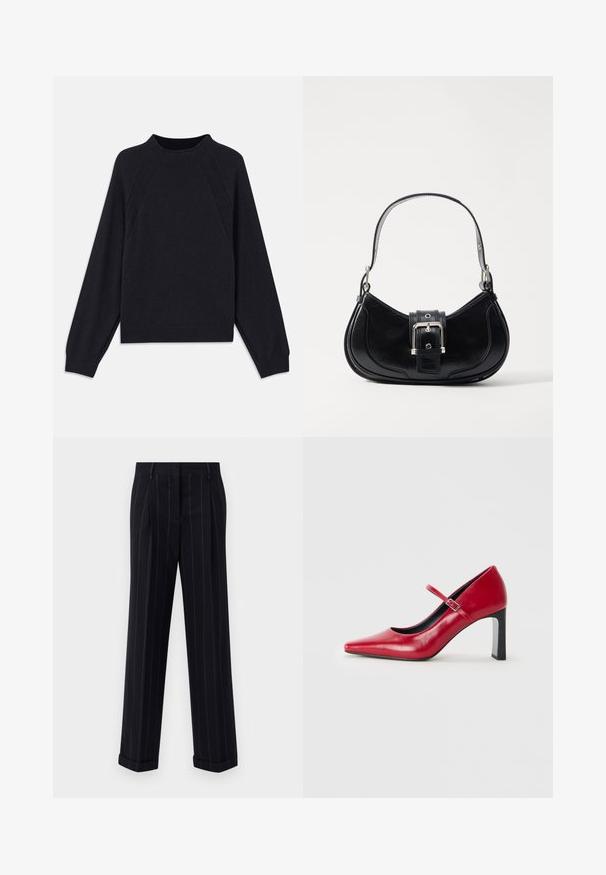 Sötét tengerészkék pulóver kerek nyakkivágással, hosszú raglán ujjal, bordázott mandzsettával és egyenes szegéllyel. Puha, texturált kötött anyagból készült.; Fekete csíkos nadrág, testre szabott fazonnal, cuffolt szegéllyel és elülső redőkkel. Sima anyagból készült, strukturált kialakítással.; Piros hegyes orrú Mary Jane magas sarkú cipő egyetlen pánttal és ezüst csattal, sima fehér háttérrel.; Fekete bőr kézi táska ívelt formával, középen csattal díszítve és rövid, sima fogantyúval. A texturált részletek fokozzák megjelenését.