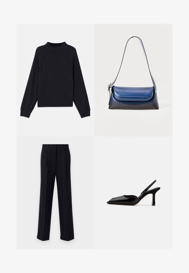 Tamsiai mėlynas megztukas su apvaliu iškirpimu, ilgomis raglan rankovėmis, rausvais rankogaliais ir tiesiu apatine dalimi. Pagamintas iš minkštos, tekstūruotos megztos medžiagos.; Juodi smėliniai kelnes su pritaikytu siluetu, su manžetėmis ir priekinėmis klostėmis. Pagaminta iš lygaus audinio su struktūrizuotu dizainu.; Juodas odinis slingback kulnas su smailiu nosiu, minimalizmo stilius, plonas kulkšnies dirželis ir elegantiškas stiletto kulnas. Lygus paviršius.; Tamsiai mėlyna odinė rankinė su lygiu paviršiumi, suapvalinta forma, sulankstytu viršumi ir viena petneša. Įtraukti sidabriniai aksesuarai.