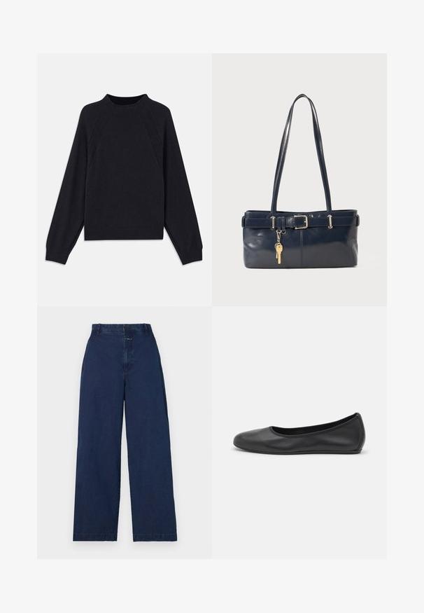 Pull en marine foncé avec un col rond, des manches raglan longues, des poignets côtelés et un ourlet droit. Fabriqué en un matériau tricoté doux et texturé.; Pantalons en denim bleu marine à jambes larges, taille haute, avec une fermeture à bouton à l'avant et des poches latérales. Texture douce avec un minimum de détails.; Ballerines en cuir noir avec un bout rond, texture lisse, détails de couture minimalistes et design de semelle flexible.; Sac à main en cuir bleu marine avec deux longues poignées, un détail de boucle et un porte-clés accroché. Il présente une texture lisse et une forme rectangulaire.