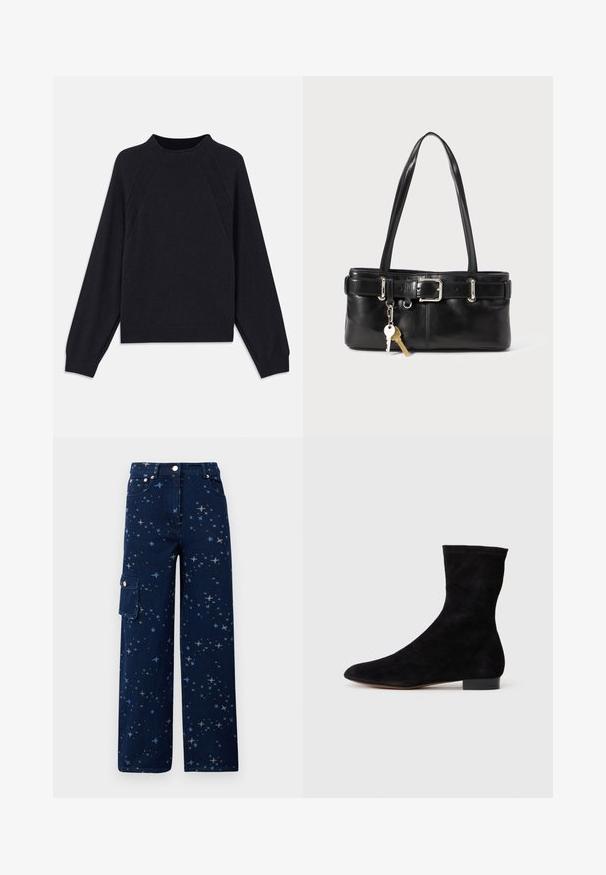 Tamsiai mėlynas megztukas su apvaliu iškirpimu, ilgomis raglan rankovėmis, rausvais rankogaliais ir tiesiu apatine dalimi. Pagamintas iš minkštos, tekstūruotos megztos medžiagos.; Tamsiai mėlynos džinsinės krovinių kelnės, dekoruotos žvaigždžių raštu, plačiomis kojomis, su priekinėmis kišenėmis ir šonine kišene su mygtuko uždarymu.; Juoda zomšo kulkšnė su prigludusia ašimi, smailiu pirštu ir žemu bloku. Lygus paviršius ir minimalistiškas dizainas, tinkantis įvairiems stiliams.; Juodas odinis rankinukas su dviem petnešomis, sagtimis ir prie jo pritvirtintu raktų pakabuku. Lygus paviršius, struktūrizuotas dizainas.