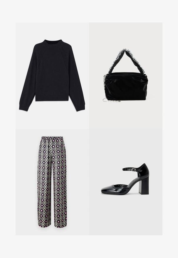 Dark navy sweater with a round neckline, long raglan sleeves, ribbed cuffs, and a straight hem. Made from a soft, textured knit material.; MAX&Co. RICHARD QUINN MAGGIE - Trousers - rosa geom/flower print; Black patent leather high-heeled shoes with a square toe, ankle strap, and a chunky heel. Includes perforated detailing along the rim.; Black faux leather handbag with a textured finish, featuring a beaded silver accent along the top handle and a chain strap.