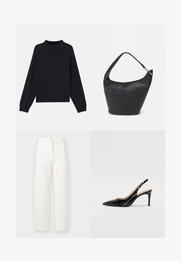 Dunkelblauer Pullover mit rundem Ausschnitt, langen Raglanärmeln, gerippten Bündchen und geradem Saum. Hergestellt aus einem weichen, strukturierten Strickmaterial.; Weiße Anzughose mit geradem Schnitt, Vorderfalten, Reißverschluss- und Knopfverschluss sowie Taschen an den Seiten. Glattes Material mit matter Oberfläche.; Schwarz lackierte Slingback-Pumps mit spitzem Zehenbereich, schlankem Absatz und einem subtilen Ausschnittdesign. Verfügt über eine goldene Schnalle am Riemen.; Schwarze Lederhandtasche mit abgerundeter Form, breitem Tragegurt und strukturiertem Finish. Besitzt eine subtile Nahtdetails und einen Akzent aus goldfarbenem Metall.