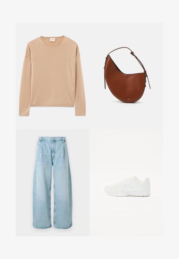 Beżowy sweter z długim rękawem i okrągłym dekoltem, o luźnym kroju, z prążkowanymi detalami przy mankietach i u dołu. Miękka, gładka faktura o minimalistycznym wzornictwie.; Jasnoniebieskie spodnie dżinsowe o szerokich nogawkach z plisami z przodu, zapinane na guzik i z prostymi nogawkami, z wyblakłą teksturą na całej powierzchni.; Biała sportowa obuwie z siateczkową cholewką, sznurowanym zapięciem, okrągłym noskiem oraz teksturowaną gumową podeszwą z minimalnym logo.; Brązowa skórzana torba na ramię w kształcie półksiężyca, z wąskim brązowym paskiem i subtelnymi złotymi akcentami. Charakteryzuje się gładką teksturą i minimalnym przeszyciem.