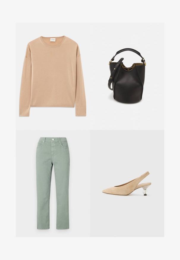 Béžový sveter s dlhým rukávom a okrúhlym výstrihom, vo voľnom strihu, s rebrovanými detailmi na manžetách a leme. Mäkká, hladká textúra s minimálnym dizajnom.; Svetlozelené bavlnené nohavice so strihom rovného nohu, ktoré majú predné vrecká, zapínanie na gombík a jemné švy.; Béžová semišová slingback obuv s špicatou špičkou a priehľadným, zaobleným podpätkom. Hladká textúra a minimalistický dizajn.; Čierna kožená vedro taška s textúrovaným povrchom, zlatými kovovými detailami a otvoreným vrcholom. Obsahuje krátku rukoväť a nastaviteľný ramenný popruh.