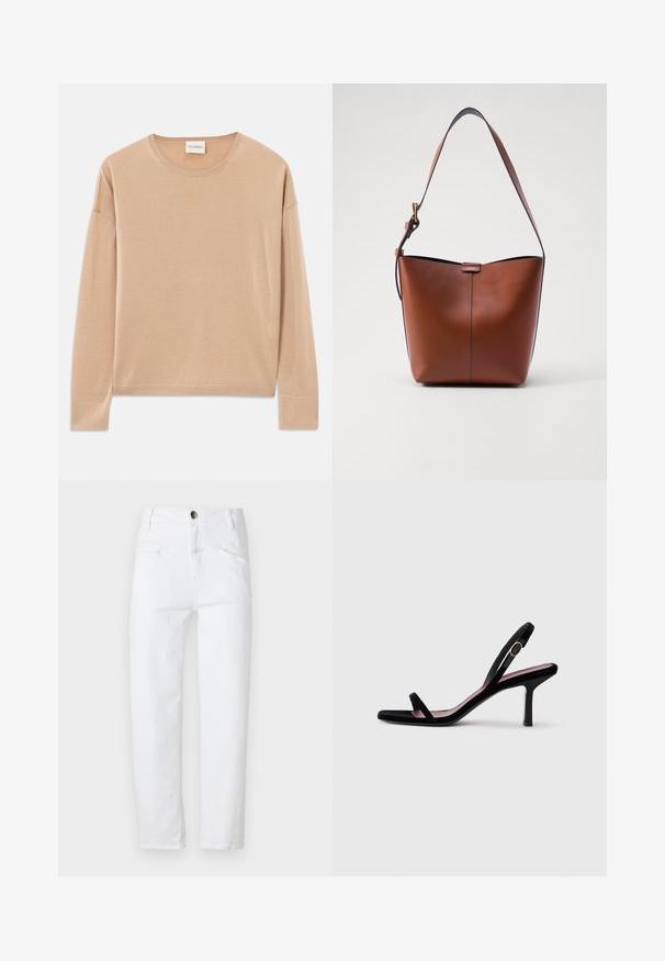 Beige hosszú ujjú pulóver, kerek nyakkivágással, laza fazonban, bordázott részletekkel az ujjak végén és az alján. Puha, sima textúra, minimális dizájnnal.; Fehér denim nadrág magas derekú, egyenes szabású, két elülső zsebbel és egy hátsó zsebbel. Fém gombbal és cipzárral rendelkezik.; Fekete velúr női magassarkú szandál slim pántokkal és arany csattal, fehér háttér előtt, oldalnézetben.; Barna bőr válltáska ívelt formával, sima felülettel és egy vékony pánttal. Diszkrét varrással és kis logóval rendelkezik.