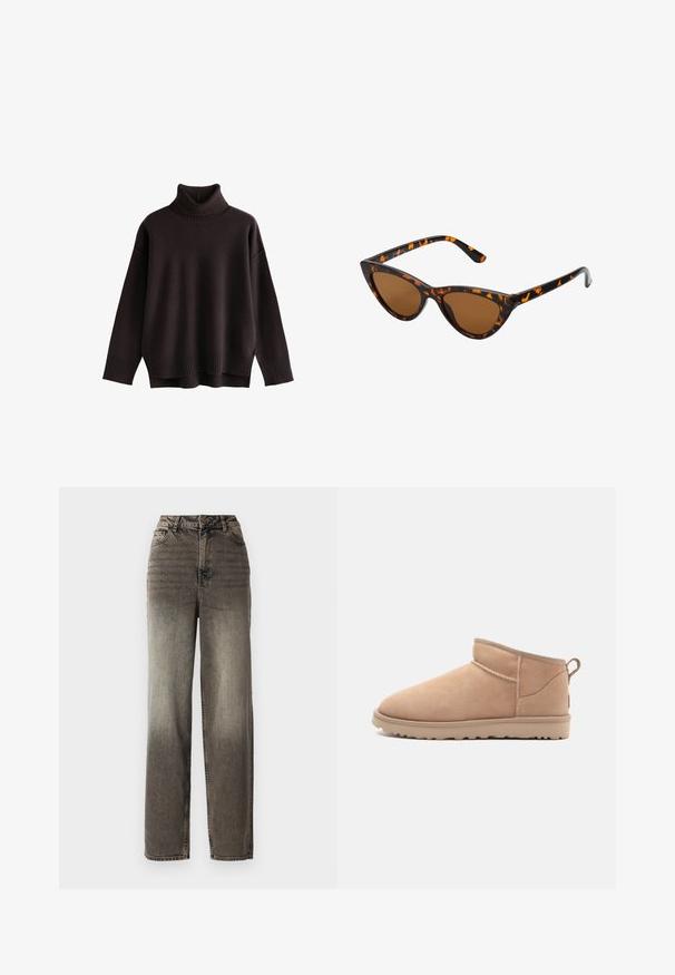 Tumed pruun, ülisuur turtleneck kampsun. Ribidega kaeluse ja äärega, pehme tekstuuriga. Õlgade all olev lõige ja mugav istuvus. Ilma mustrite või aktsentideta.; Laiad, hallid teksad plekilise denimi viimistlusega. Omavad kõrget vöökohta, viit taskut ja klassikalist nööpkinni. Tekstureeritud kangas koos nähtavate õmblustega.; Kamelipäine nahast pahkluu saabas, millel on ümar nina, pehme tekstuur, lihtne disain ja madal kummist tald. Tagaküljel on tõmblukk.; Kassi vormiga prillid musta ja oranži kilpkonnakujulise raami, pruunide läätsede ja elegantsete teravate otstega. Templi juures on minimaalne logo.; Tumepruun seemisnahast käekott, millel on struktureeritud kuju, kaks ülemist käepidet ja eemaldatav rihm kuldse säraga pandlaga.