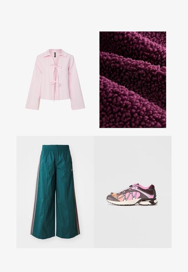 Dybt lilla fleece-stof med en fluffy tekstur, der har en blød, krøllet overflade og en tæt, luksuriøs følelse. Flere lag falder naturligt.; Lys pink cropped skjorte med lange ærmer, udstyret med krave og sløjfe lukning foran. Lavet af et blødt stof.; Teal brede bukser med elastisk talje, prydet med stribede detaljer i pink og hvid på siderne, lavet af letvægtsstof.; Sportssko med en blanding af mørkebrune, lyserøde og orange farver. Glat stof og teksturerede paneler med et sort fastgøringssystem.