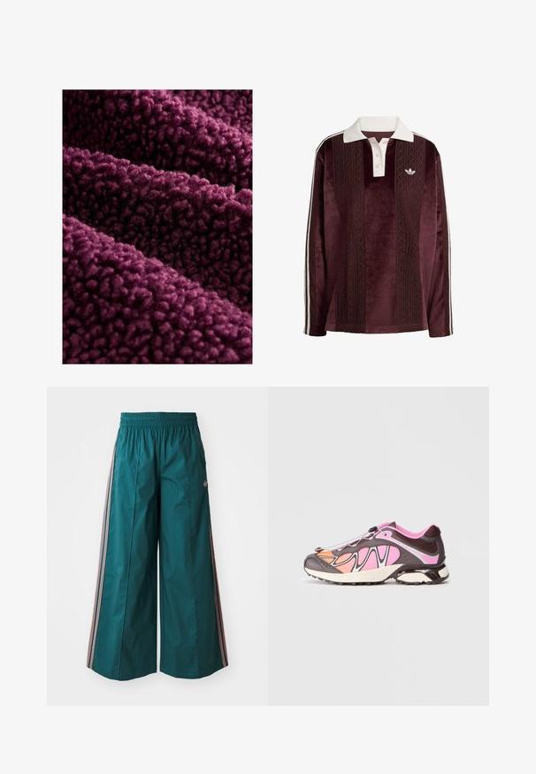 Tumši purpursarkans vilnas audums ar pūkainu tekstūru, kas raksturīga ar maigu, lokainu virsmu un blīvu, pūkainu sajūtu. Vairāki slāņi dabiski krīt.; Garšīgas piedurknes tumši sarkans velūra polo krekls ar baltu apkakli, pogu piegriezumu, teksturētām vertikālām svītrām, Adidas logo un baltām sānu svītrām.; Gaiši zilas platās bikses ar elastīgu jostu, kuras sānos ir rozā un baltas svītras, izgatavotas no viegla auduma.; Sporta apavi, kas izceļas ar tumši brūnu, rozā un oranžu krāsu maisījumu. Gluda auduma un teksturētas daļas ar melnu fiksācijas sistēmu.