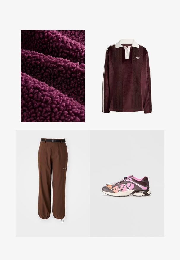 Gili violetinė vilna su pūkuota tekstūra, turinti minkštą, susisukusią paviršių ir tankų, purus jausmą. Daugybė sluoksnių natūraliai krenta.; Ilga rankovė bordo velūro polo marškinėliai su balta apykakle, mygtukų užtrauktuku, tekstūrinėmis vertikaliomis juostelėmis, Adidas logotipu ir baltomis šoninėmis juostelėmis.; Columbia BREA FALLS™ PANT - Lauko kelnės - tobacco; Sportiniai bateliai, kuriuose derinami tamsiai rudos, rožinės ir oranžinės spalvos. Lygus audinys ir tekstūruoti elementai su juodu užsegimu.
