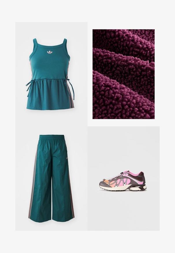 Głęboki fioletowy polar o puszystej teksturze, z miękką, falistą powierzchnią i gęstym, pluszowym odczuciem. Wiele warstw swobodnie się układa.; Turkusowa bluzka bez rękawów z marszczonym pasem, różowymi paskami po bokach i haftowanym logo. Wykonana z miękkiego materiału o luźnym kroju z dodatkowymi akcentami w postaci wiązań.; Turkusowe spodnie szerokie z elastycznym pasem, z paskami w kolorze różowym i białym po bokach, wykonane z lekkiego materiału.; Buty sportowe w odcieniach ciemnego brązu, różu i pomarańczy. Gładki materiał oraz fakturowane panele z czarnym systemem zapięcia.