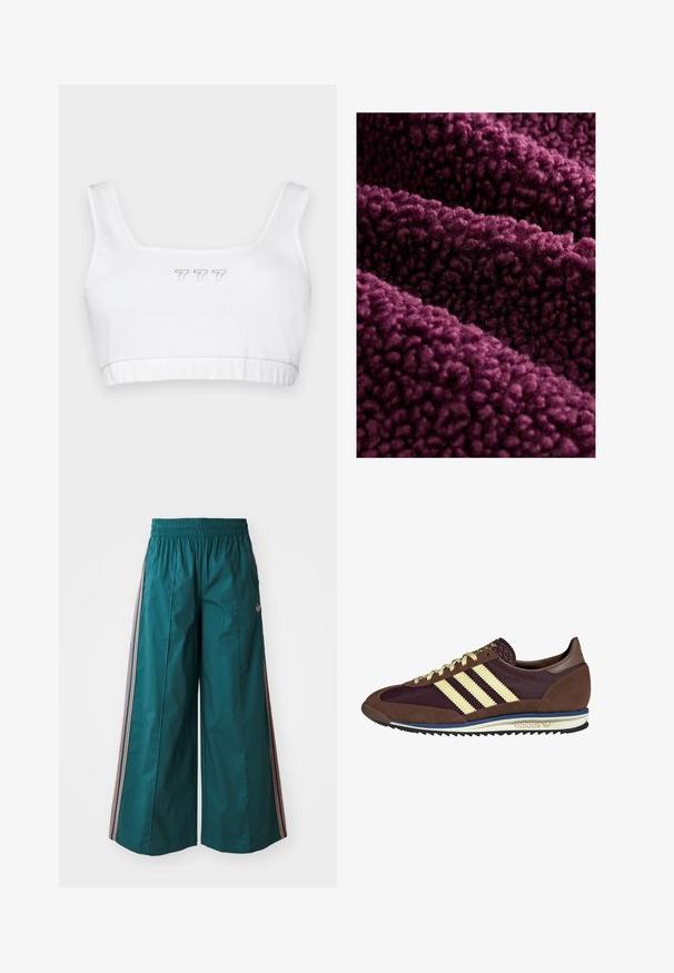 Tessuto in poliestere viola intenso con una texture soffice, caratterizzato da una superficie arricciata e una sensazione densa e morbida. Più strati si adagiano naturalmente.; Top corto in cotone bianco con scollatura quadrata, caratterizzato da un sottile ricamo grigio "777" al centro e una texture liscia in tutto il capo.; Pantaloni ampi color teal con vita elastica, caratterizzati da accenti a strisce rosa e bianche sui lati, realizzati in tessuto leggero.; Sneaker marrone e bordeaux realizzato in materiali scamosciati e in rete, caratterizzato da tre strisce color crema, tessuto testurizzato sulla linguetta e suola in gomma.