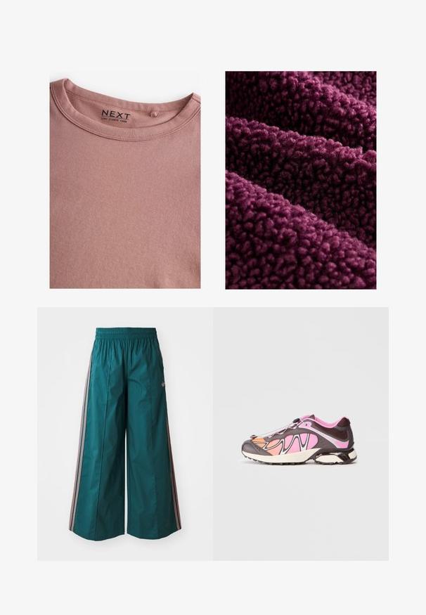 Tumši purpursarkans vilnas audums ar pūkainu tekstūru, kas raksturīga ar maigu, lokainu virsmu un blīvu, pūkainu sajūtu. Vairāki slāņi dabiski krīt.; Garās piedurknes krekls ar apaļu kaklu maigi rozā audumā, ar bezšuvju apkakli un birku ar "NEXT" zīmolu. Gluda tekstūra, bez rakstiem.; Gaiši zilas platās bikses ar elastīgu jostu, kuras sānos ir rozā un baltas svītras, izgatavotas no viegla auduma.; Sporta apavi, kas izceļas ar tumši brūnu, rozā un oranžu krāsu maisījumu. Gluda auduma un teksturētas daļas ar melnu fiksācijas sistēmu.