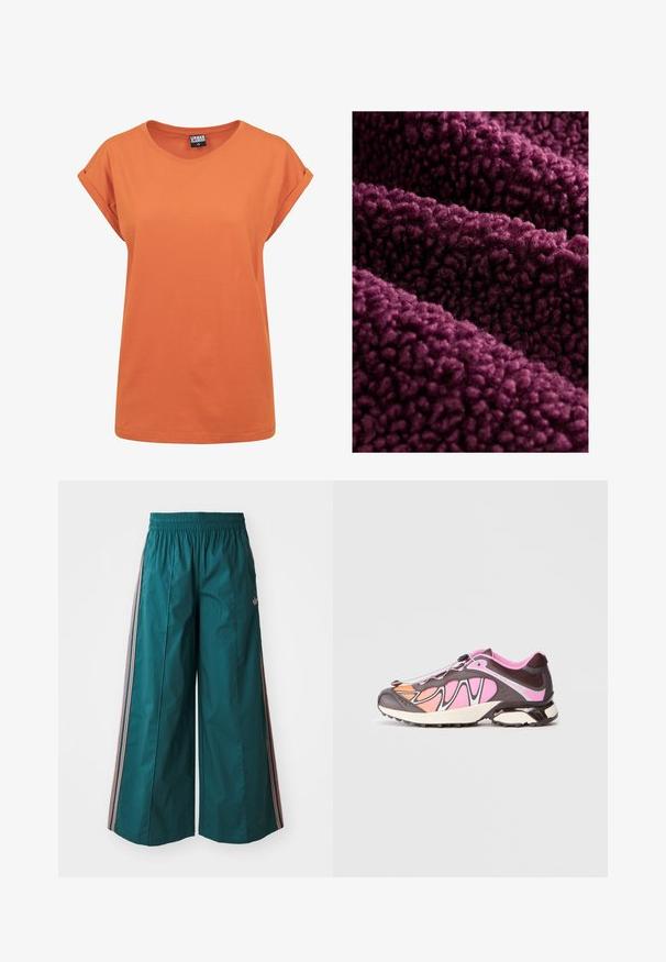Tessuto in poliestere viola intenso con una texture soffice, caratterizzato da una superficie arricciata e una sensazione densa e morbida. Più strati si adagiano naturalmente.; T-shirt in cotone arancione con un fit rilassato, scollo rotondo e maniche corte arrotolate. Design semplice senza motivi o accenti visibili.; Pantaloni ampi color teal con vita elastica, caratterizzati da accenti a strisce rosa e bianche sui lati, realizzati in tessuto leggero.; Scarpa sportiva caratterizzata da un mix di colori marrone scuro, rosa e arancione. Tessuto liscio e pannelli testurizzati con un sistema di chiusura nero.