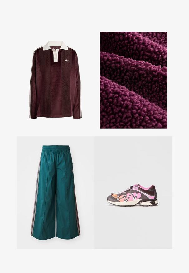 Mélykék lila plüss anyag, bolyhos textúrával, puha, göndör felülettel és sűrű, plüss érzetű tapintással. Több réteg természetesen hullámzik.; Hosszú ujjú bordó velúr pólóing fehér gallérral, gombos kivágással, texturált függőleges csíkokkal, Adidas logóval és fehér oldalsó csíkokkal.; Türkis színű, bő szabású nadrág, elasztikus derékkal, melynek oldalán rózsaszín és fehér csíkos díszítések találhatóak, könnyű anyagból készült.; Sportcipő sötétbarna, rózsaszín és narancssárga színek keverékével. Simává varrott textil és texturált panelek fekete rögzítő rendszerrel.