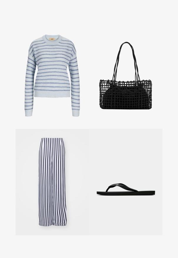 Pulover tricotat de culoare bleu deschis cu dungi orizontale în nuanțe mai închise de albastru. Are un guler rotund și mansete și tiv ribbate. Textură moale.; Pantaloni largi cu dungi verticale alb-negru. Confecționați dintr-un material ușor, cu o textură netedă și talie elastică.; Sandala flip-flop din cauciuc negru, cu un bretele texturat și o talpă simplă și plată, prezentată din lateral pe un fundal simplu și deschis.; Geantă de mână neagră împletită, cu un design deschis din plasă și două mânere lungi. Include o geantă interioară solidă neagră pentru depozitare.