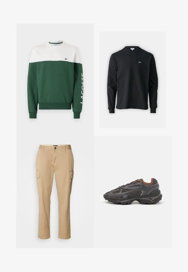 Sudadera verde y blanca de mezcla de algodón, con un diseño en bloques de color, puños acanalados y el logo "LACOSTE" impreso en blanco.; Camiseta de manga larga negra de algodón, con escote redondo y un pequeño logo de cocodrilo bordado en verde en el lado izquierdo del pecho.; Pantalones cargo beiges de algodón. Con dos bolsillos laterales, cierre de botón y un diseño de pierna recta. Textura suave, estilo casual.; Zapatillas Lacoste en gris oscuro con material de malla y sintético, que cuentan con una suela texturizada y detalles en marrón en el cuello y la marca.