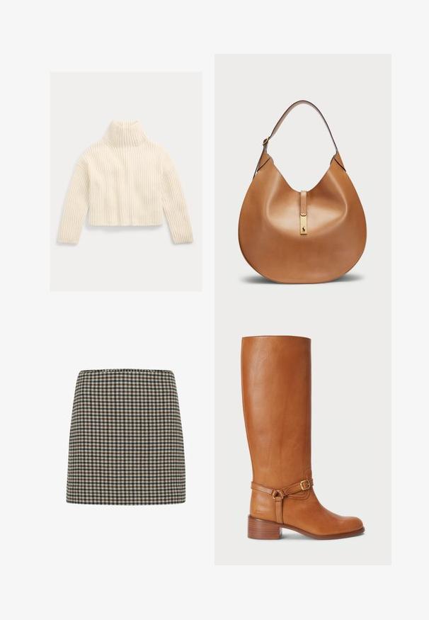Polo Ralph Lauren RIB WOOL-CASHMERE FUNNELNECK SWEATER - Jersey de punto - authentic cream; Minifalda a cuadros en negro, marrón y crema. Forma estructurada con una cintura alta. Textura de tela suave con un patrón de cuadrícula consistente.; Botas altas de cuero marrón con un acabado suave, que cuentan con una correa con hebilla lateral y un tacón apilado. La parte superior tiene un diseño limpio y sin adornos.; Bolso de mano de cuero marrón claro con forma curva y una amplia correa para el hombro. Presenta un acento de metal dorado en el centro y una textura suave.