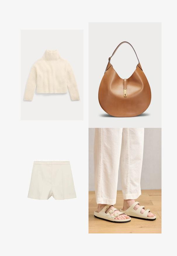 Polo Ralph Lauren RIB WOOL-CASHMERE FUNNELNECK SWEATER - Svetr - authentic cream; Krémové šortky s upraveným střihem, které mají hladkou texturu, plochý přední díl a jemné sklady. Jednoduchý design bez ozdob.; Světlé béžové sandály s třemi nastavitelnými popruhy a metalickými sponami, s polstrovanou stélkou a černou gumovou podrážkou.; Kabelka z hladké koženky v tan barvě, s křivkovým tvarem a širokým ramenním popruhem. Obsahuje zlatý kovový akcent ve středu a hladký povrch.
