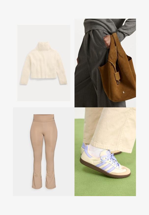 Polo Ralph Lauren RIB WOOL-CASHMERE FUNNELNECK SWEATER - Svetr - authentic cream; Tělové legíny s vysokým pasem, rozšířeným lemem, hladkým povrchem a bez viditelných vzorů či kovových detailů.; Krémové a levandulové tenisky se třemi pruhy a texturovanou hnědou podrážkou, vybavené tkaničkami a polstrovanou patou. Měkký textilní svršek.; Hnědá semišová taška přes rameno zaobleného tvaru, se dvěma uchy a kovovým hardwarem. Na přední straně je malá logo.