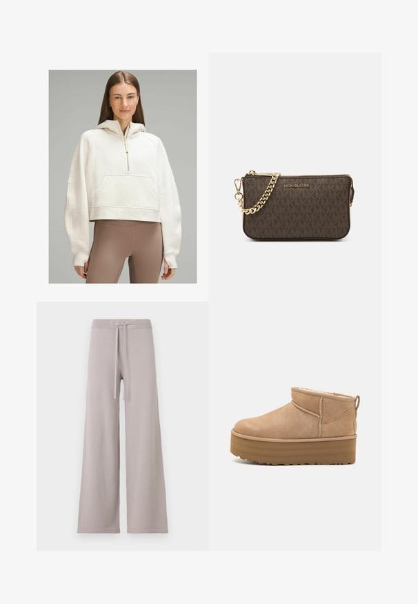 lululemon SCUBA OVERSIZED HALF-ZIP - Majica s kapuljačom - heathered bone gold; Svijetlosivi široki trenirke od mekog materijala. Imaju rebrasti pojas s vezicom i suptilno šivanje na rubu.; Bež nubuk gležnjače s udobnom unutrašnjošću, s platformom i trakom na stražnjem dijelu za lako oblačenje. Teksturirana guma potplat.; Smeđa kožna torba preko ramena s uzorkom loga, zlatna lanac trakica, zatvaranje na patentni zatvarač i zlatni metalni detalji. Kompaktna i pravokutna forma.