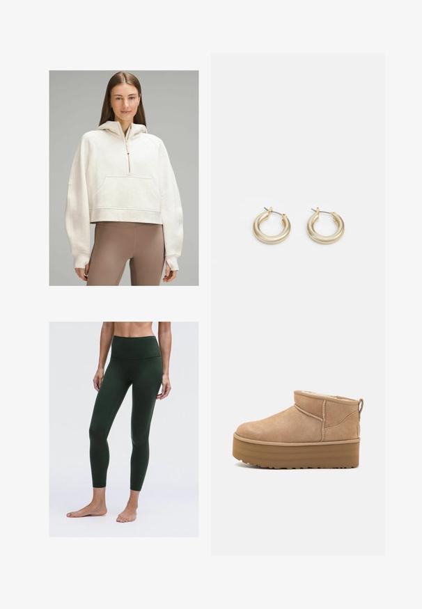 lululemon SCUBA OVERSIZED HALF-ZIP - Hoodie - heathered bone gold; lululemon ALIGN™ HIGH-RISE 64CM - Tights - legacy green; Beige suède enkellaarsjes met een pluche binnenvoering, voorzien van een plateauzool en een trekhaak aan de achterkant voor gemakkelijk aantrekken. Gemêleerde rubberen zool.; Lauren Ralph Lauren BASIC SMALL HOOP - Oorbellen - gold-coloured
