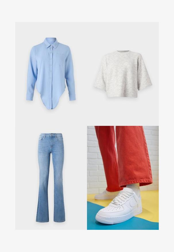 Harmaa neulepusero, jossa on rento, laatikkomainen muoto ja leveät hihansuut. Varustettu pyöreällä kaula-aukolla ja pehmeällä pinnalla. Ei näkyviä kuvioita tai yksityiskohtia.; Vaaleansininen pitkähihaisessa paidassa on pyöristetty helma, nappilista, kauluksen muotoinen kaulus ja vasemmalla rintatasku. Pehmeä rakenne, jossa on hienovarainen kiilto.; Vaaleansiniset levenevät farkut, joissa on keskikorkea vyötärö, klassinen viiden taskun muotoilu ja hillitty haalistuma sähkönsä mukana pitkin lahkeita. Farkkukankaan rakenne.; Valkoinen nahkakengät, joissa on rei'itetty varvasosa, teksturoitu pohja ja valkoiset nauhat, yhdistettynä leveisiin punaisiin housuihin ja sinikeltaiseen taustaan.