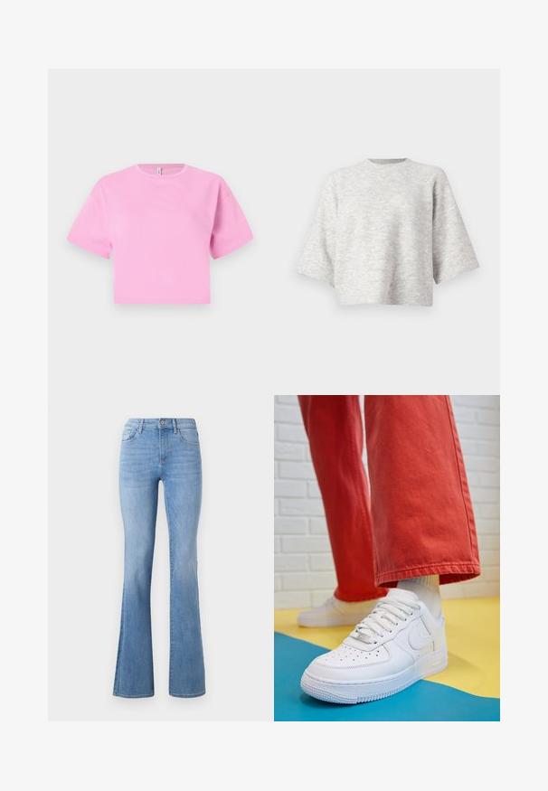 Grey knit sweater with a relaxed, boxy shape and wide sleeves. Features a crew neckline and soft texture. No visible patterns or accents.; Short pink cropped t-shirt in a smooth cotton material, featuring a round neckline and short sleeves. Simple design, no patterns or accents.; Light blue flared jeans featuring a mid-rise waist, classic five-pocket design, and subtle fading along the legs. Denim fabric texture.; White leather sneaker with perforated toe box, textured sole, and white laces, paired with wide red pants and a blue and yellow background.