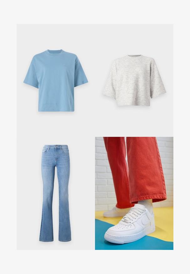 Siv zelo pleten pulover z sproščenim, kvadratnim krojem in širokimi rokavi. Ima okrogel izrez in mehak otip. Ni vidnih vzorcev ali dodatkov.; Svetlo modra kratkotrajna majica z okroglim izrezom, izdelana iz bombaža, na prsih pa je majhna logotip. Ohlapna prileganje z gladko teksturo.; Svjetloplave razčupane traperice s medijanim strukom, klasičnim dizajnom s pet džepova i suptilnim izbljeđivanjem duž nogu. Tekstura traper tkanine.; Beli usnjeni športni čevlji s perforiranim prstnim delom, teksturiranim podplatom in belimi vezalkami, v kombinaciji s širokimi rdečimi hlačami in modro-rumeno ozadje.