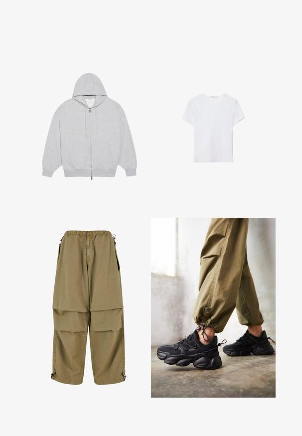 YOURTURN OVERSIZE BASIC ZIP HOODIE UNISEX - Sweatjakke - mottled-grey; Hvid kortærmet t-shirt lavet af blødt stof. Har en rund halsudskæring og et simpelt, rent design med en lige underkant.; Beige cargo bukser med elastisk talje, store forlommer og justerbare manchetter. Lavet af letvægtsmateriale med en glat tekstur.; Person iført sorte chunky sneakers og olivengrønne cargo-bukser står på et betonifloor tæt på en hvid væg.