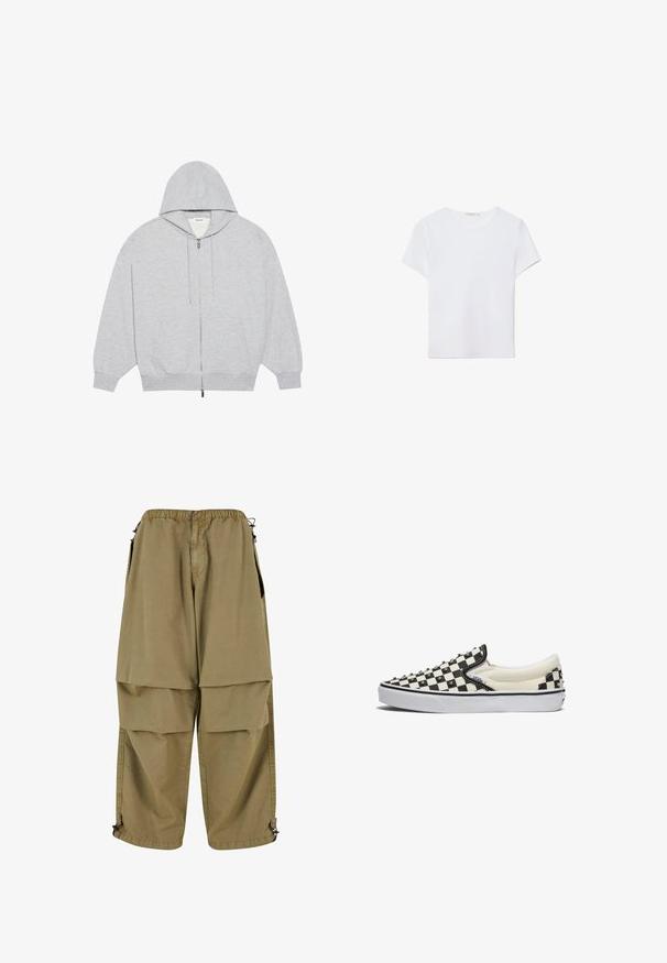 YOURTURN OVERSIZE BASIC ZIP HOODIE UNISEX - Sweatjacke - mottled-grey; Weißes kurzärmliges T-Shirt aus weichem Stoff. Hat einen runden Halsausschnitt und ein einfaches, sauberes Design mit geradem Saum.; Beige Cargo-Hosen mit elastischem Bund, großen Fronttaschen und verstellbaren Bündchen. Hergestellt aus leichtem Stoff mit glatter Textur.; Vans CLASSIC - Slipper - black