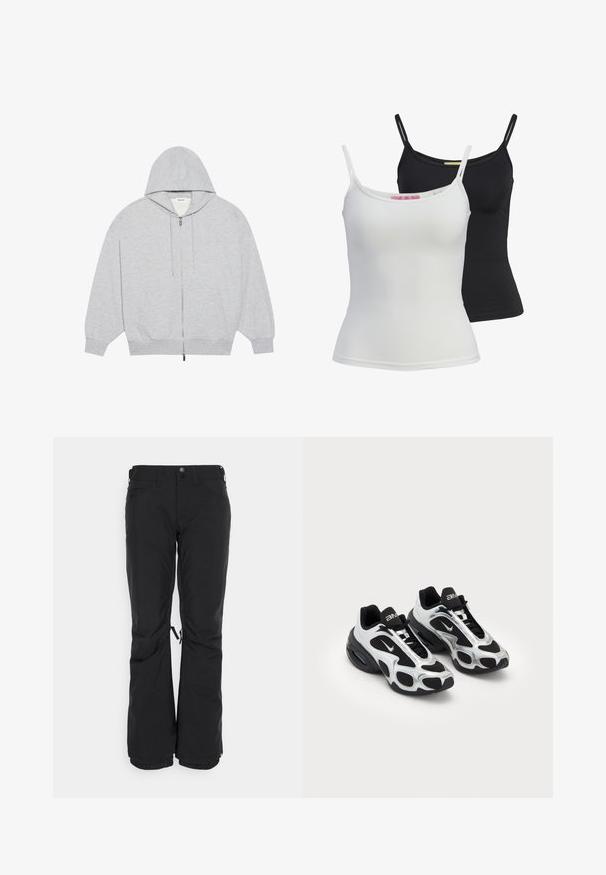 YOURTURN OVERSIZE BASIC ZIP HOODIE UNISEX - Jaka ar rāvējslēdzēju - mottled-grey; Divi pamata tanki melnā un baltā krāsā, izgatavoti no gluda, stiepjama auduma. Iekļauj plānas siksnas un vienkāršu, pieguļošu dizainu.; Melnas slēpošanas bikses, kas izgatavotas no izturīga materiāla, ar taisna piegriezuma dizainu, divām sānu kabatām un regulējamiem apkampjiem ar auklām.; Melnas un sudraba krāsas sporta kurpes ar sietiņu un sintētisku virsu, izceļoties ar izteiktu viļņotu dizainu un mīkstinātu apkaklīti, kā arī gaisa amortizāciju zole.