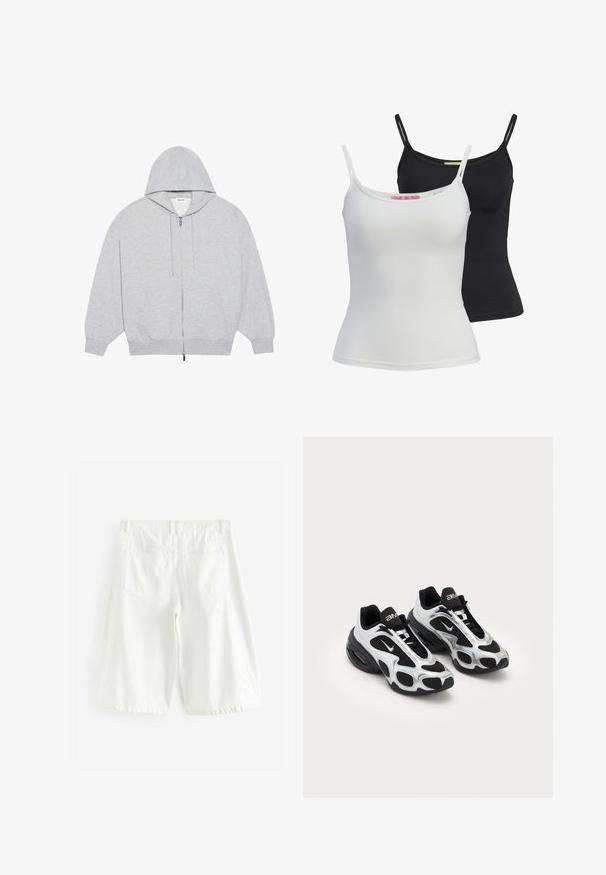 YOURTURN OVERSIZE BASIC ZIP HOODIE UNISEX - Jaka ar rāvējslēdzēju - mottled-grey; Divi pamata tanki melnā un baltā krāsā, izgatavoti no gluda, stiepjama auduma. Iekļauj plānas siksnas un vienkāršu, pieguļošu dizainu.; Baltas kokvilnas džinsi šorti ar taisnu piegriezumu, ar divām aizmugurējām kabatām, jostu cilpām un apakšmalu, kas krīt nedaudz virs ceļgaliem.; Melnas un sudraba krāsas sporta kurpes ar sietiņu un sintētisku virsu, izceļoties ar izteiktu viļņotu dizainu un mīkstinātu apkaklīti, kā arī gaisa amortizāciju zole.