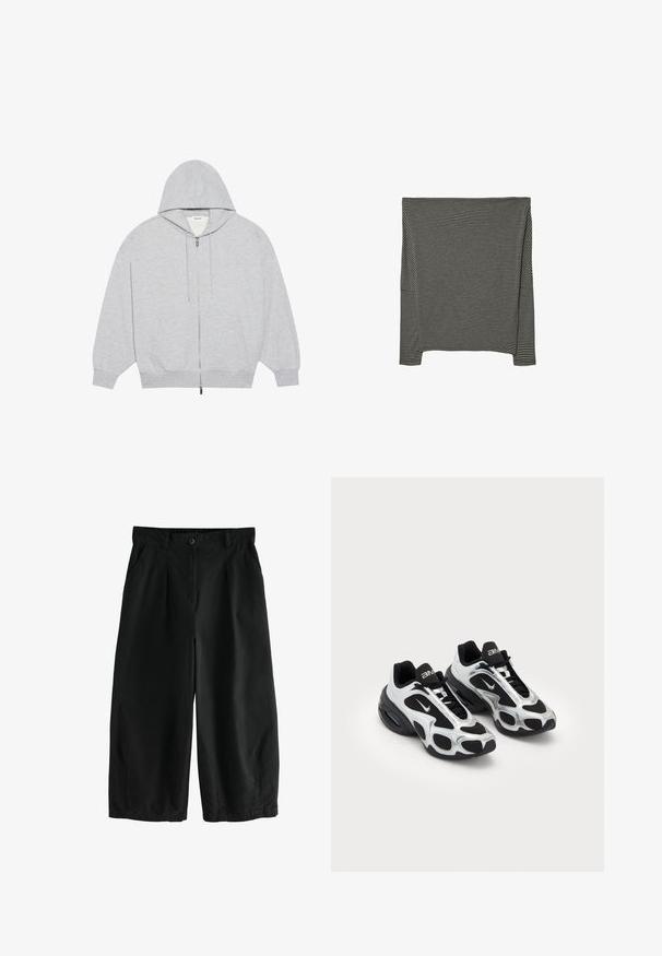 YOURTURN OVERSIZE BASIC ZIP HOODIE UNISEX - Sweatjacke - mottled-grey; Langärmliges Oberteil mit schwarz-weißen Streifen, aus weichem Stoff, mit einem Bootsausschnitt und seitlichen Schlitzen für uneingeschränkte Bewegungsfreiheit.; Schwarze weite Baumwollhosen mit Knopfverschluss, vorderen Falten und seitlichen Taschen; glatte Textur und lockere Passform.; Schwarze und silberne Sportschuhe mit einem Obermaterial aus Mesh und Synthetik, das ein markantes gewelltes Design aufweist und einen gepolsterten Schaft hat, sowie einer Luftpolsterung in der Sohle.