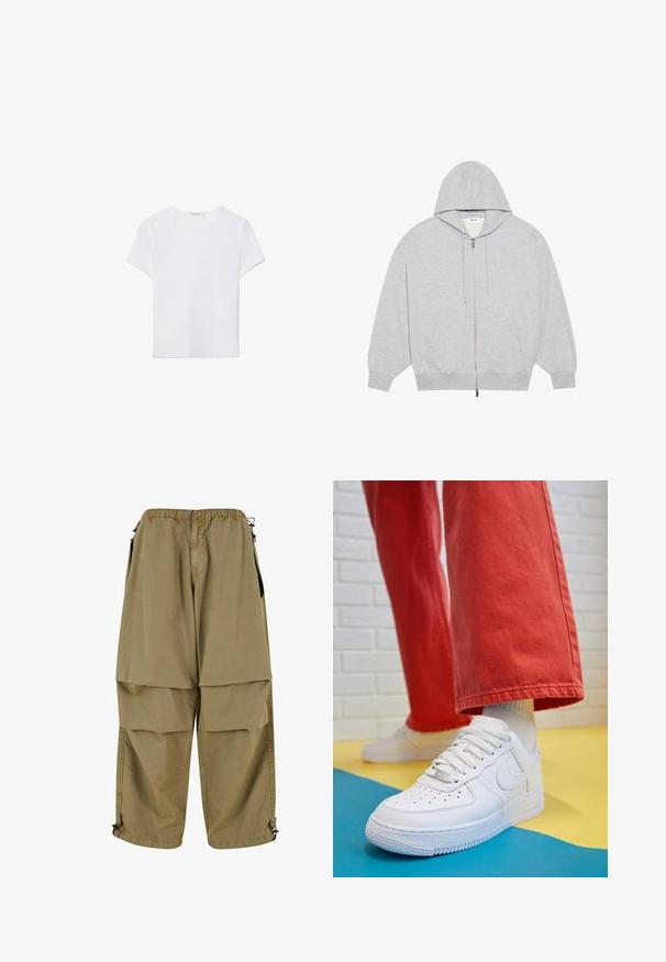 YOURTURN OVERSIZE BASIC ZIP HOODIE UNISEX - Športna jopa s kapuco na zadrgo - mottled-grey; Bela kratka majica s kratkimi rokavi, izdelana iz mehkega materiala. Ima okroglo izrez in preprost, čist dizajn s ravnim robom.; Bežne cargo hlače z elastičnim pasom, velikimi sprednjimi žepi in prilagodljivimi manšeti. Narejene so iz lahkega materiala z gladko teksturo.; Beli usnjeni športni čevlji s perforiranim prstnim delom, teksturiranim podplatom in belimi vezalkami, v kombinaciji s širokimi rdečimi hlačami in modro-rumeno ozadje.