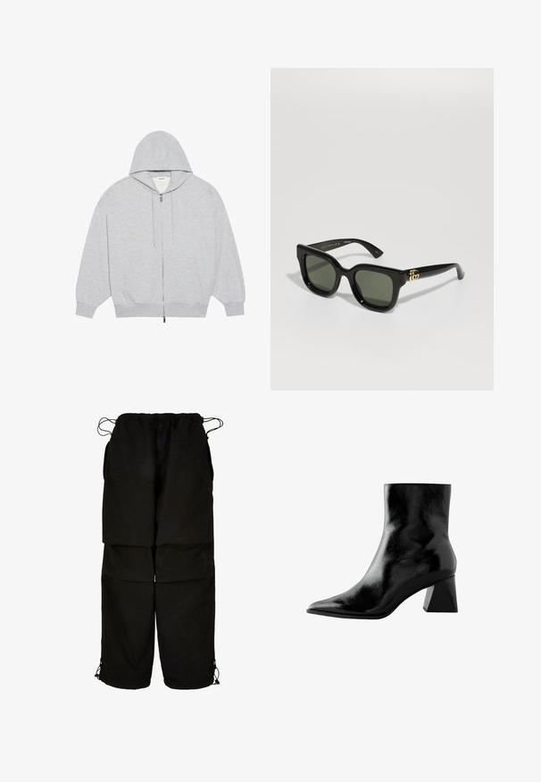 YOURTURN OVERSIZE BASIC ZIP HOODIE UNISEX - Majica s kapuljačom i patentnim zatvaračem - mottled-grey; Crne hlače od lagane tkanine, s podesivim pojasom i rubovima s vezicom. Dizajnirane s opuštenim, prevelikim krojem i s višestrukim džepovima.; Crne gležnjače s sjajnim finišem, šiljastim vrhom i čvrstim kvadratnim potplatom. Glatka tekstura s elegantnim, minimalističkim dizajnom.; Crne pravokutne sunčane naočale s tamnozelenim staklima. Imaju sjajni plastični okvir i zlatne akcentne detalje sa strane.